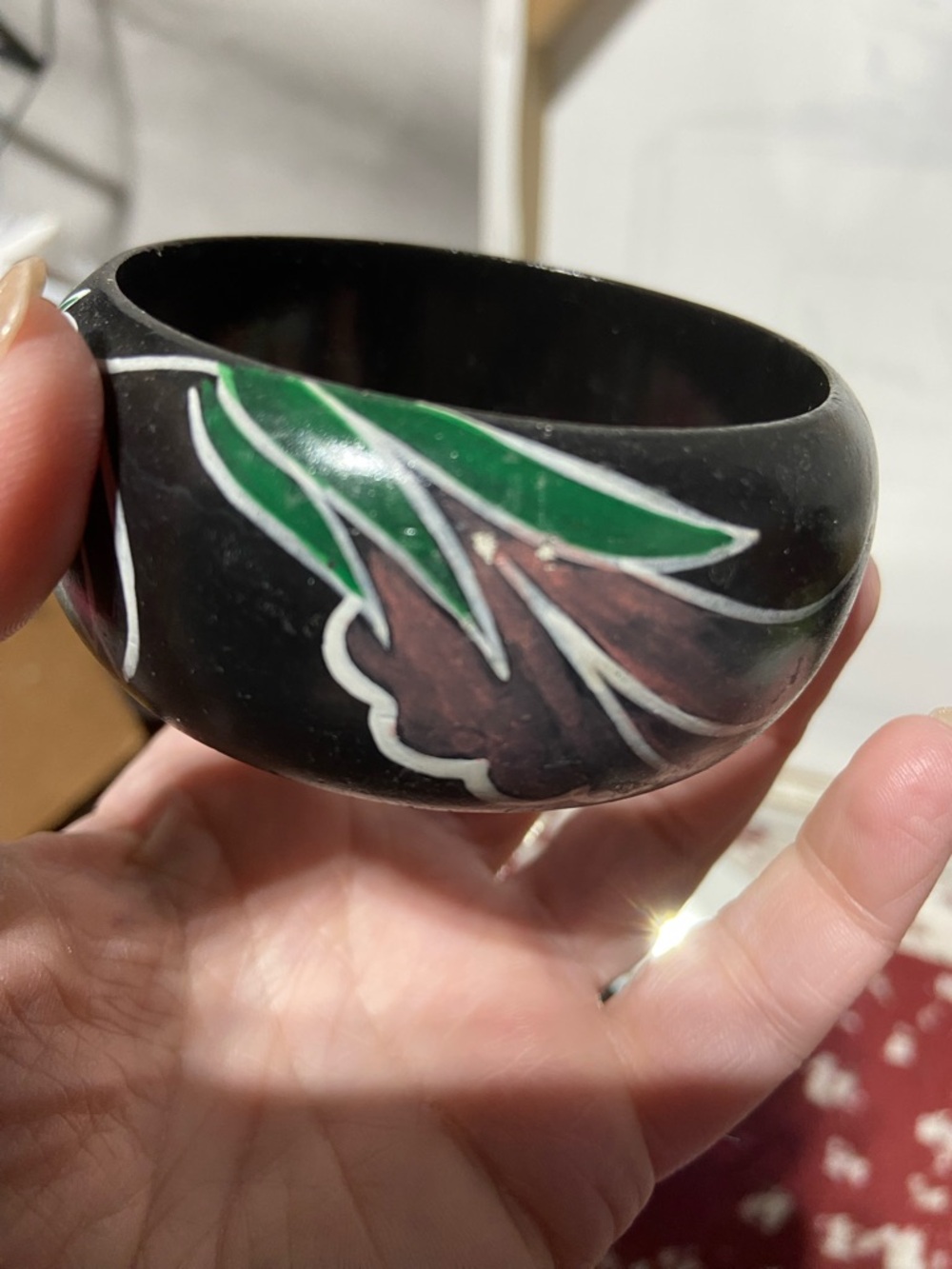Vintage Painted Wood Bangle Bracelet Black Floral Chunky - Picture 1 of 8